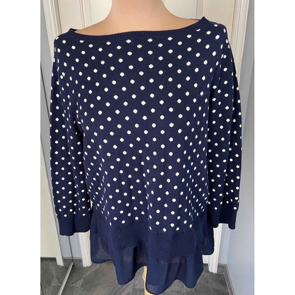 Chaps Women's Mock Layer Polka Dot Sweater Top Size Medium‎ Blue & White Preppy